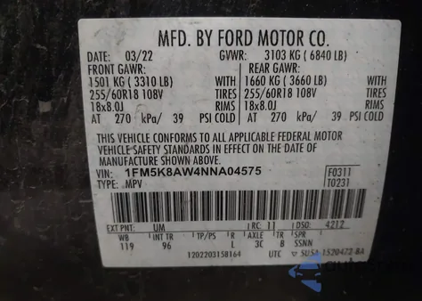 2022 Ford Police Interceptor from USA, damaged, VIN 1FM5K8AW4NNA04575